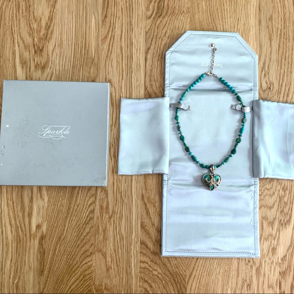Silver and Beaded Turquoise Heart Pendant Necklace with Storage Pouch